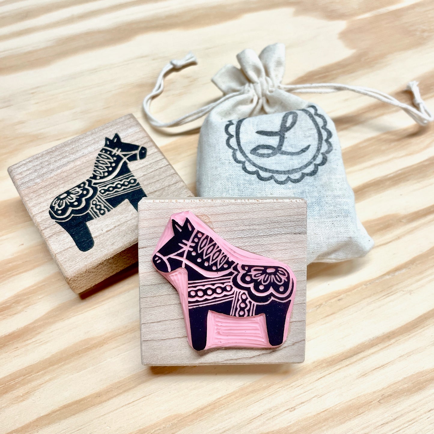 Dala Horse Stamp - Handcarved Rubber Stamp - Wood Mounted 2x2"