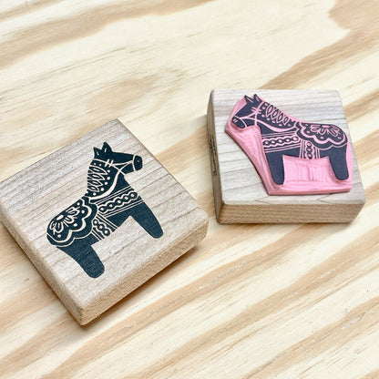 Dala Horse Stamp - Handcarved Rubber Stamp - Wood Mounted 2x2"