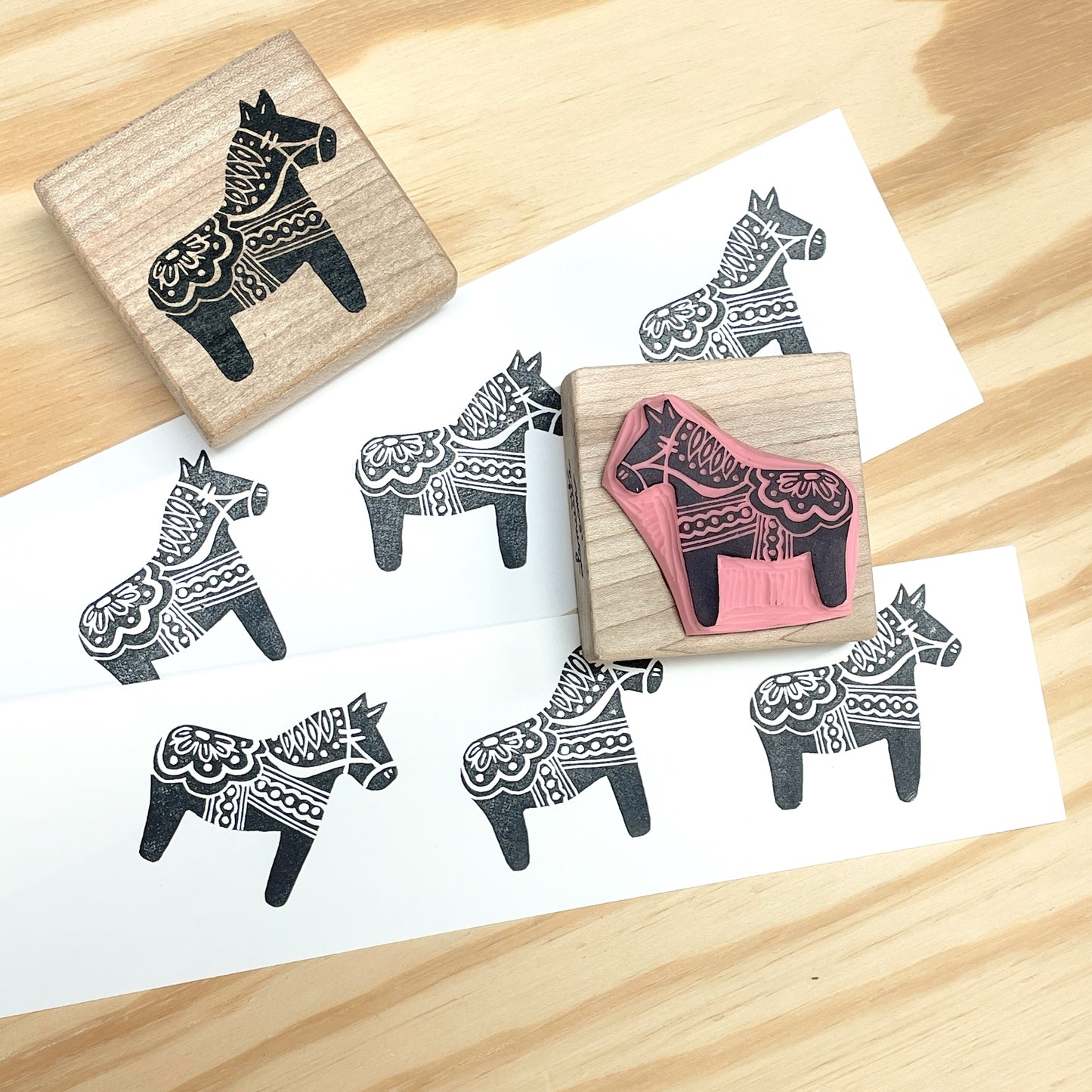 Dala Horse Stamp - Handcarved Rubber Stamp - Wood Mounted 2x2"