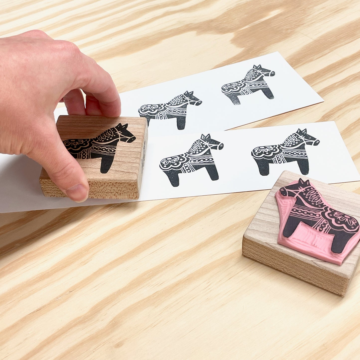 Dala Horse Stamp - Handcarved Rubber Stamp - Wood Mounted 2x2"