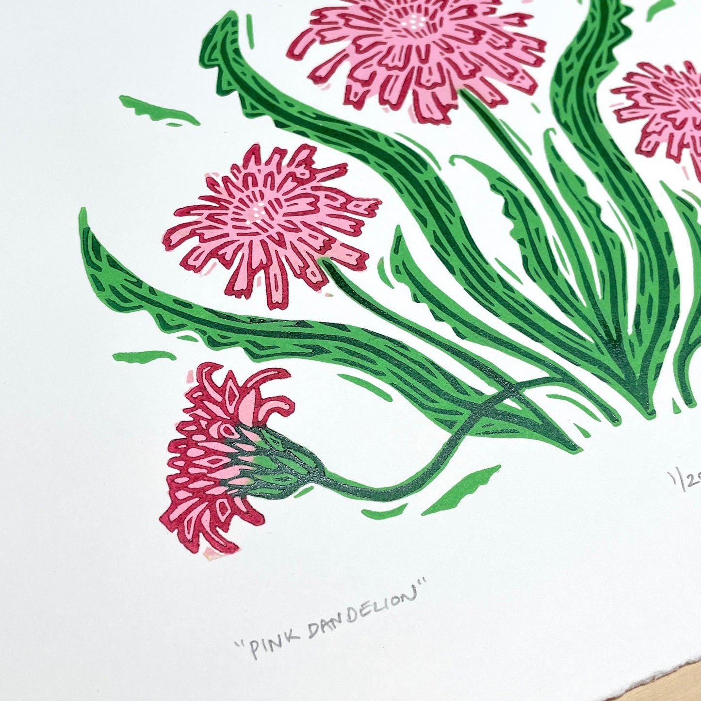 Pink Dandelion FRAMED - woodblock print (11x14")