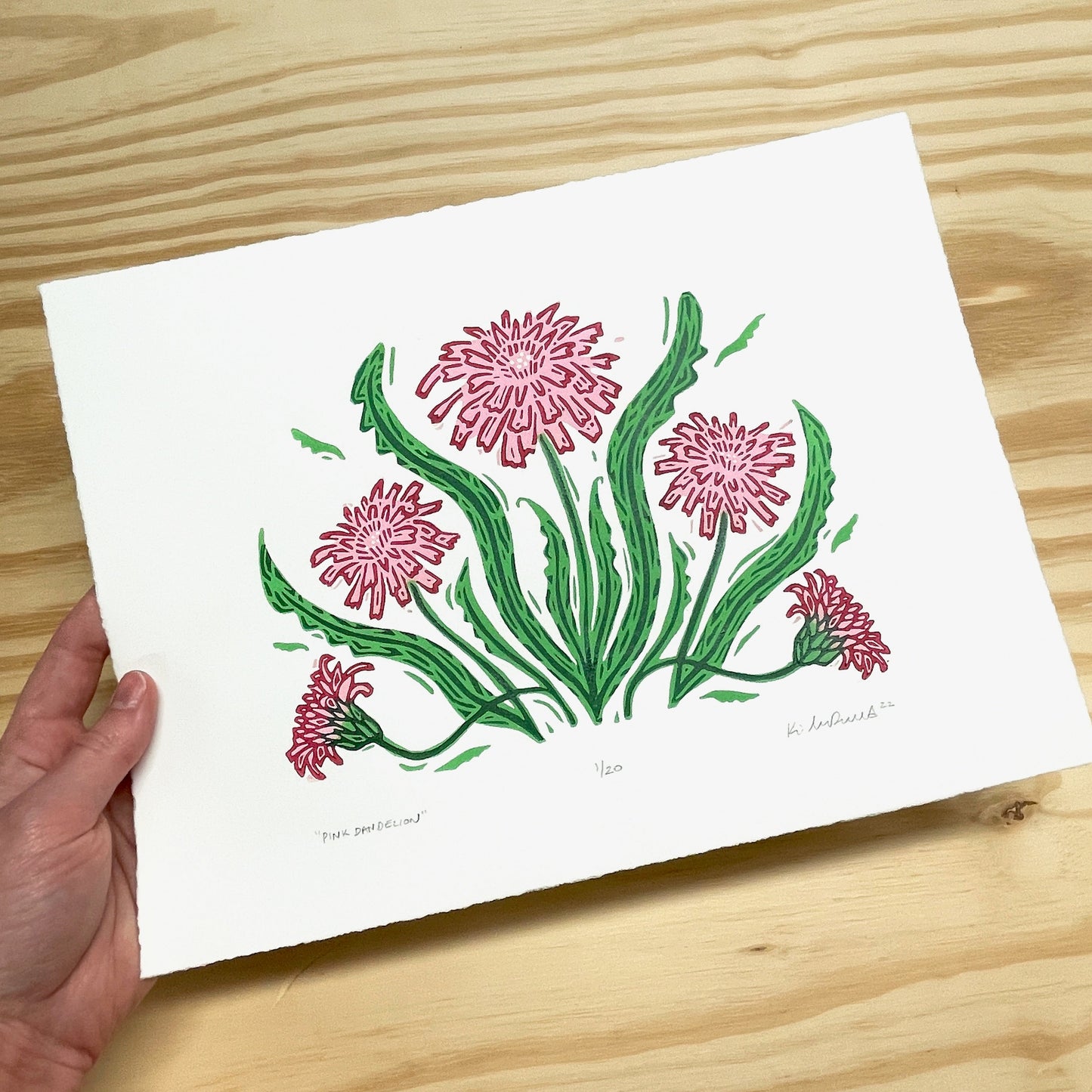 Pink Dandelion FRAMED - woodblock print (11x14")