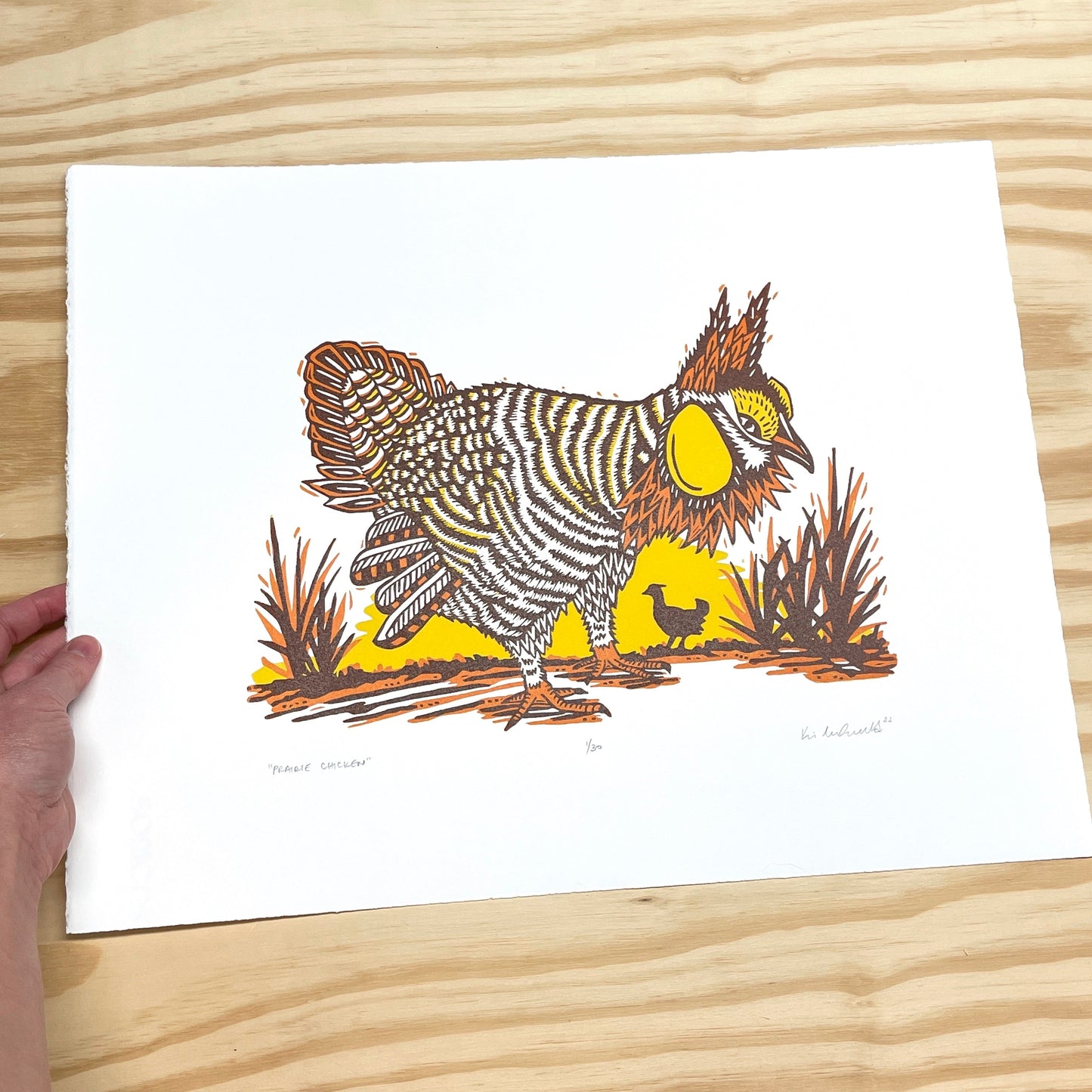 Prairie Chicken FRAMED - woodblock print (16x20")