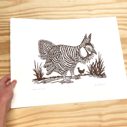 Prairie Chicken brown outline only - woodblock print (14x18")