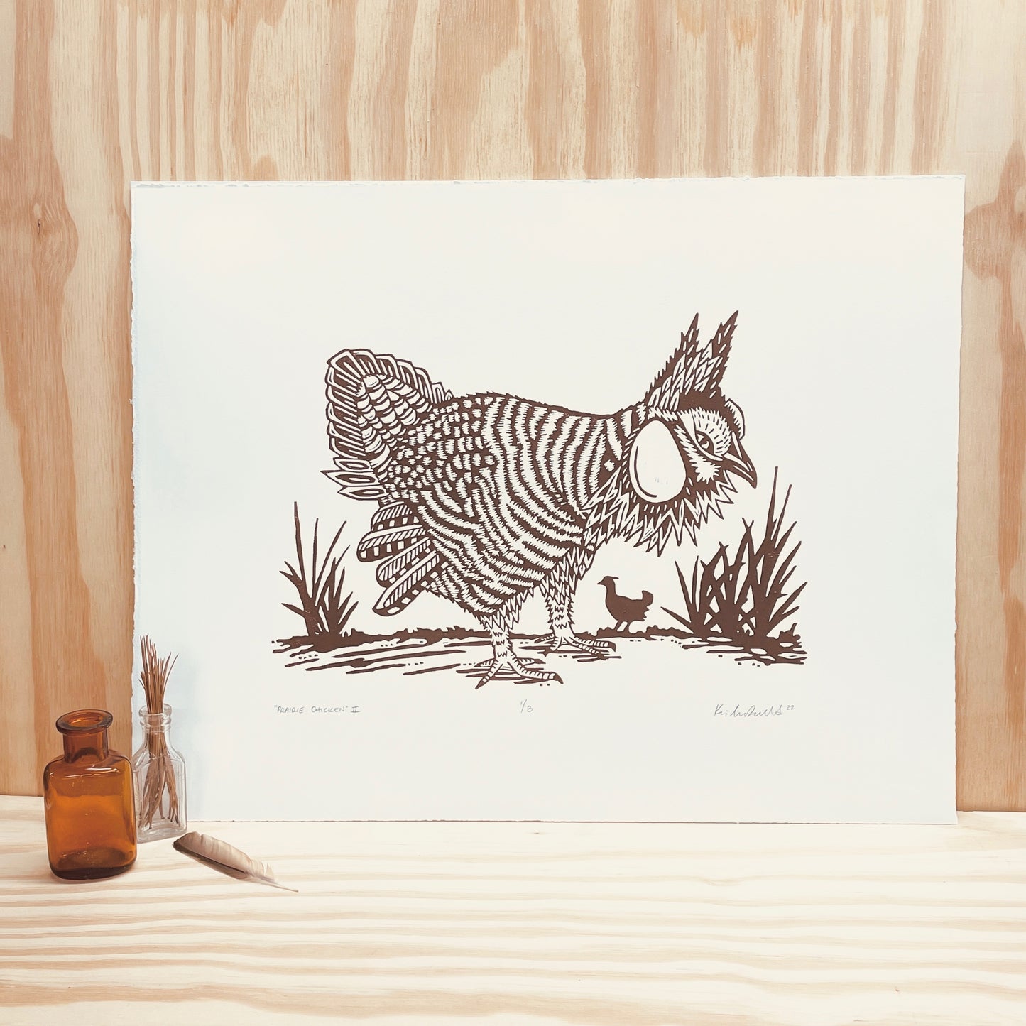 Prairie Chicken brown outline only - woodblock print (14x18")