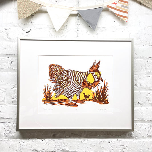 Prairie Chicken FRAMED - woodblock print (16x20")