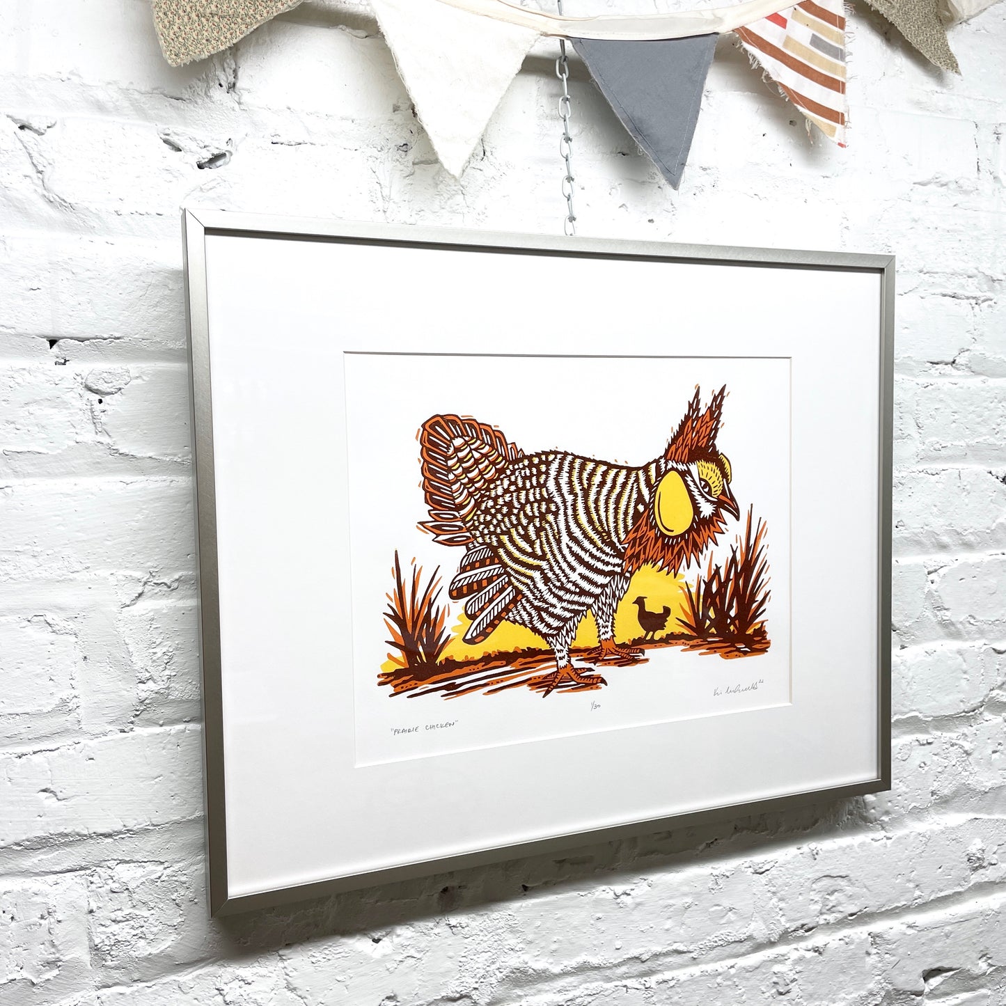 Prairie Chicken FRAMED - woodblock print (16x20")