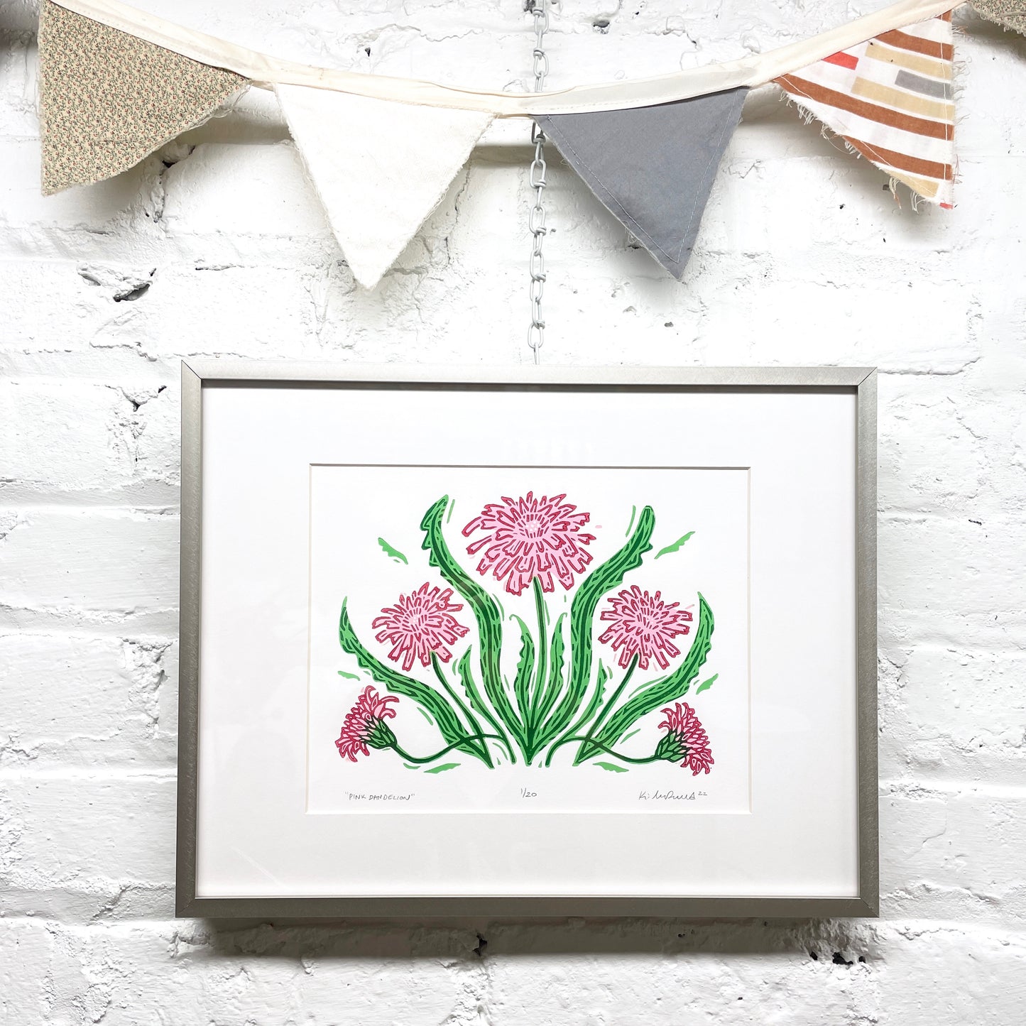 Pink Dandelion FRAMED - woodblock print (11x14")