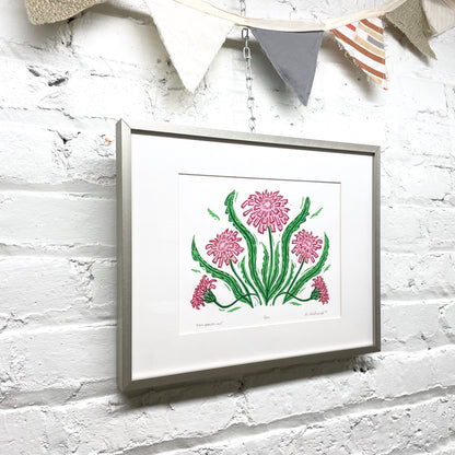 Pink Dandelion FRAMED - woodblock print (11x14")