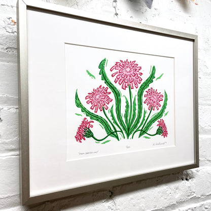 Pink Dandelion FRAMED - woodblock print (11x14")