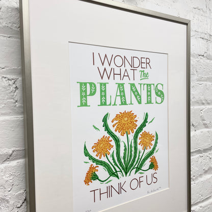 I Wonder What the Plants Think of Us FRAMED - woodblock and letterpress print (16x20")