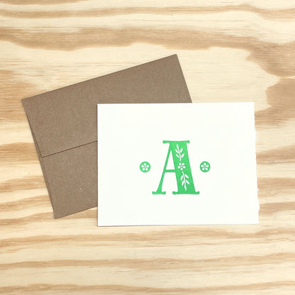 Monogram Leafy Letters SINGLE card - Choose Your Letter - wood type letterpress printed