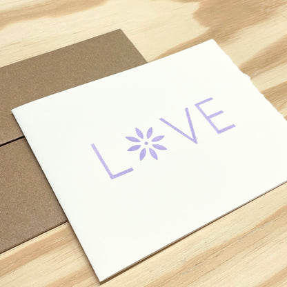 Love Purple Flower single card - wood type letterpress printed