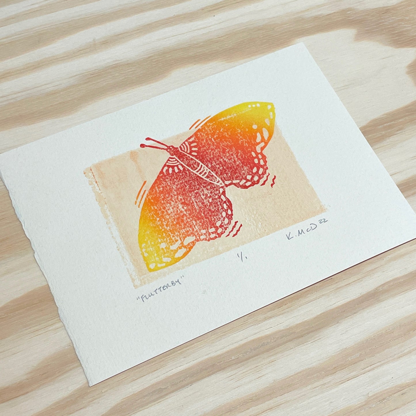 Flutterby Butterfly GHOST PRINT - woodblock print (5x7")