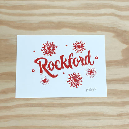 Starburst Red Rockford Snow MISPRINT - woodblock print (5x7")