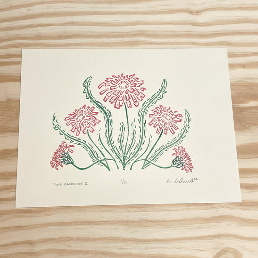 Pink Dandelion GHOST PRINT - woodblock print (9x12")