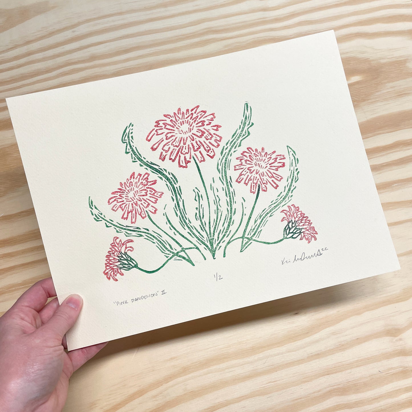 Pink Dandelion GHOST PRINT - woodblock print (9x12")