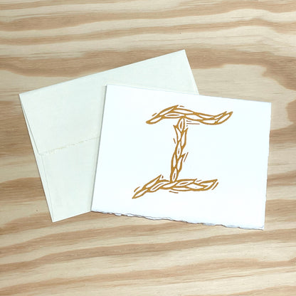 Letter I Monogram 6-pack cards Earthy Orange - woodblock printed DISCONTINUED