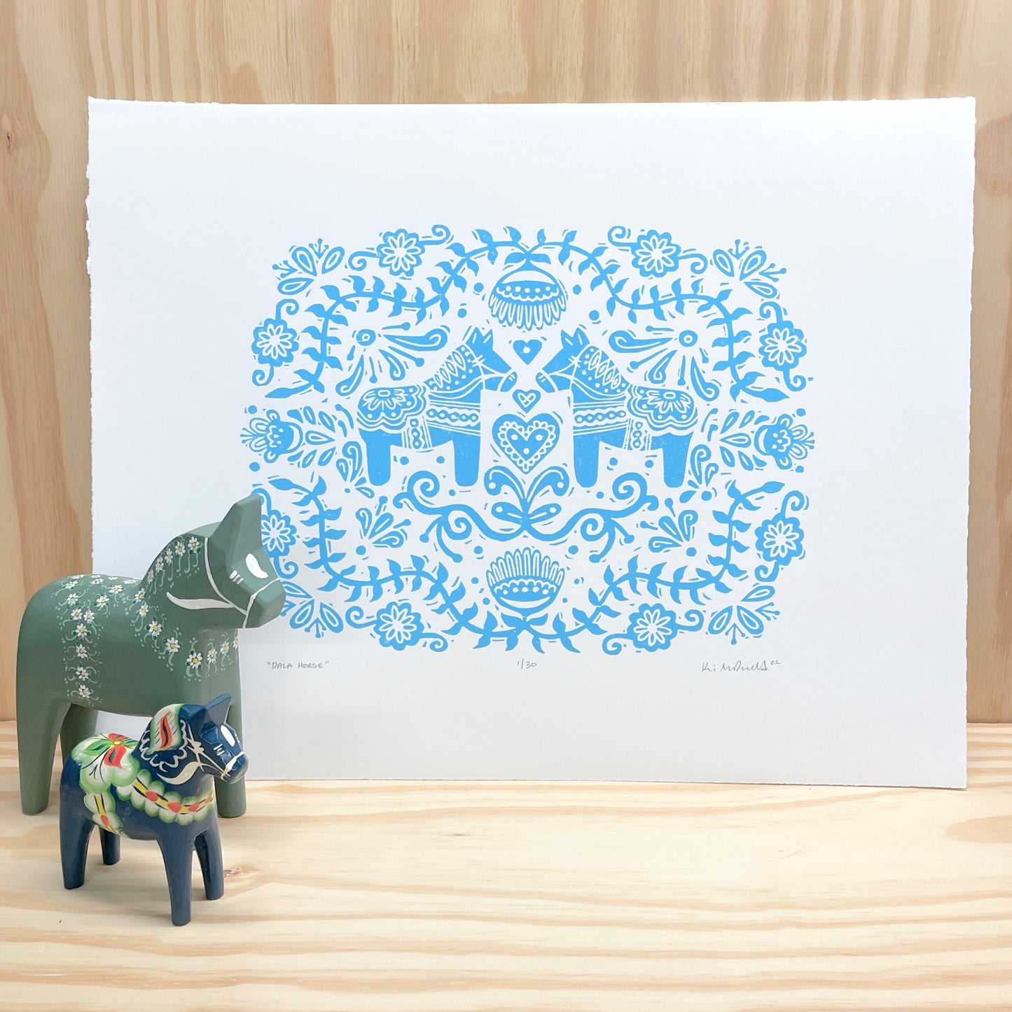 Dala Horse Blue - woodblock print (14x18")