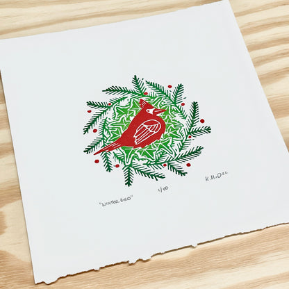 Winter Bird FRAMED - Cardinal Solstice Wreath - woodblock print (8x8")