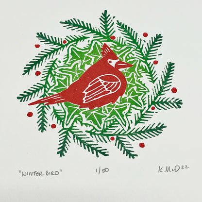 Winter Bird - Cardinal Solstice Wreath - woodblock print (8x8")