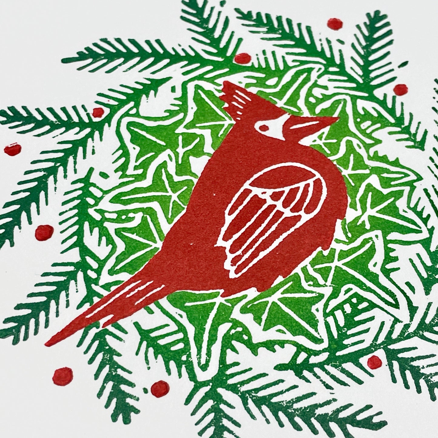 Winter Bird FRAMED - Cardinal Solstice Wreath - woodblock print (8x8")