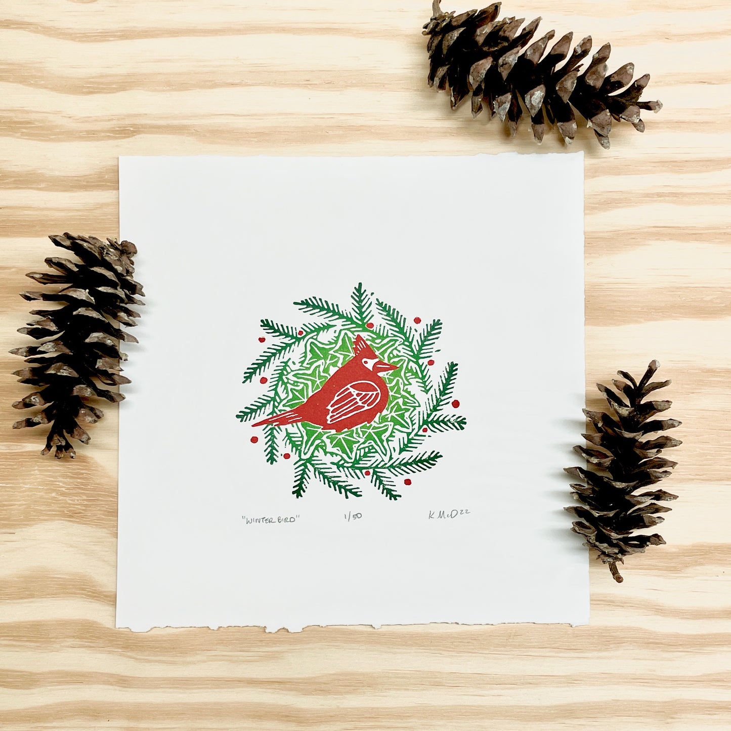 Winter Bird - Cardinal Solstice Wreath - woodblock print (8x8")