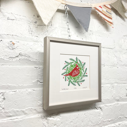Winter Bird FRAMED - Cardinal Solstice Wreath - woodblock print (8x8")