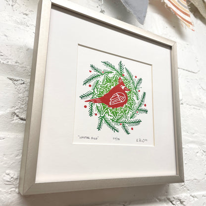 Winter Bird FRAMED - Cardinal Solstice Wreath - woodblock print (8x8")