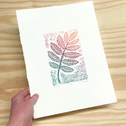 Rowan leaf - woodblock print (9x12”)