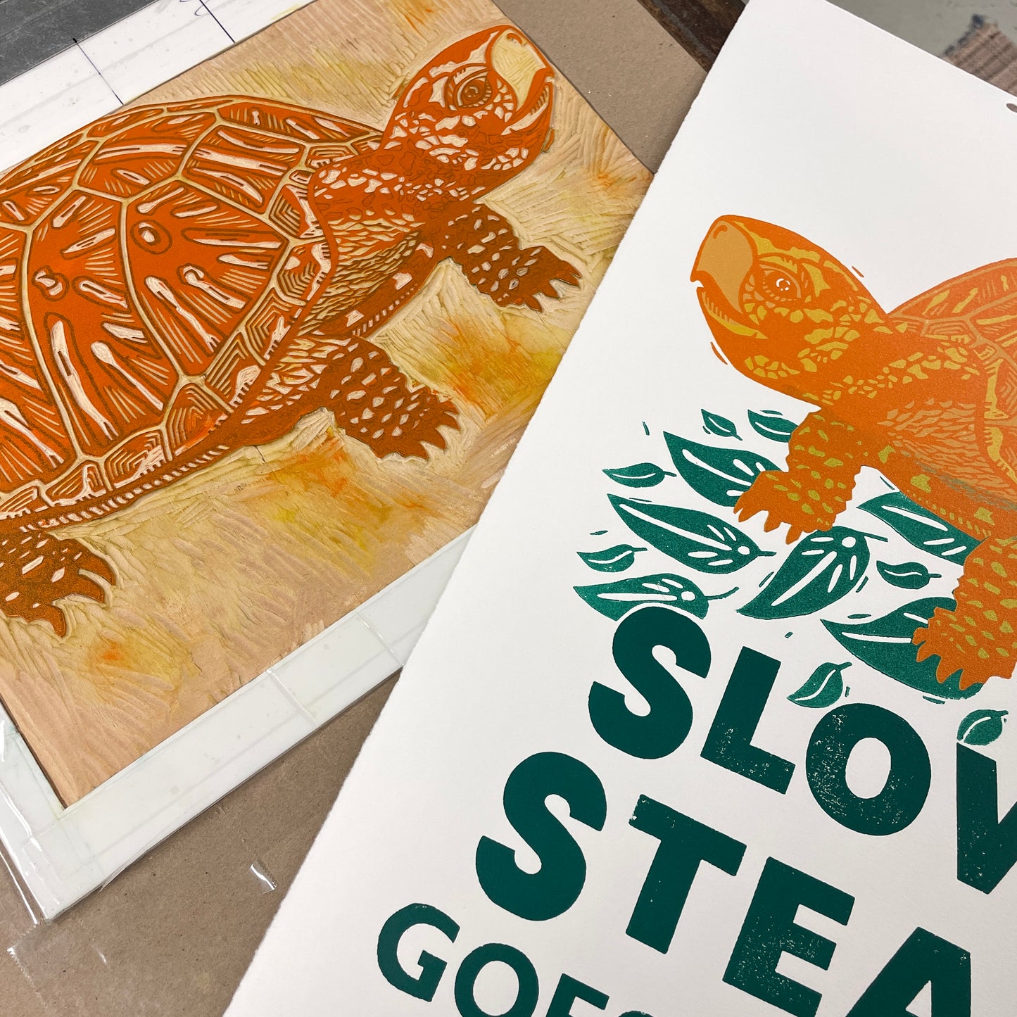 Slow & Steady Goes the Turtle - woodblock and letterpress print (14x18")