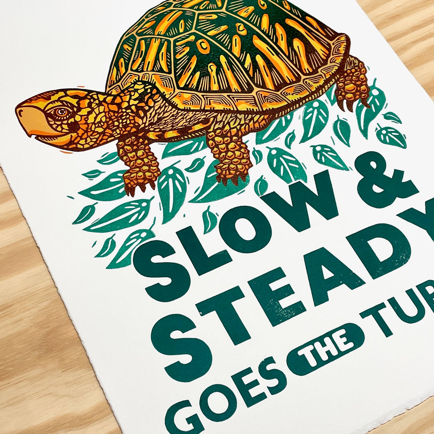 Slow & Steady Goes the Turtle - woodblock and letterpress print (14x18")