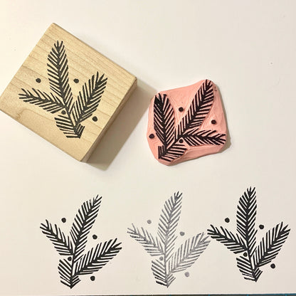 Pine Needles Stamp - Handcarved Rubber Stamp - Wood Mounted 2x2"