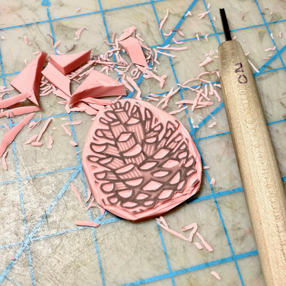 Pinecone Stamp - Handcarved Rubber Stamp - Wood Mounted 2x2"