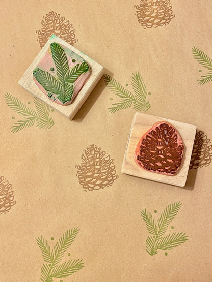 Pinecone Stamp - Handcarved Rubber Stamp - Wood Mounted 2x2"