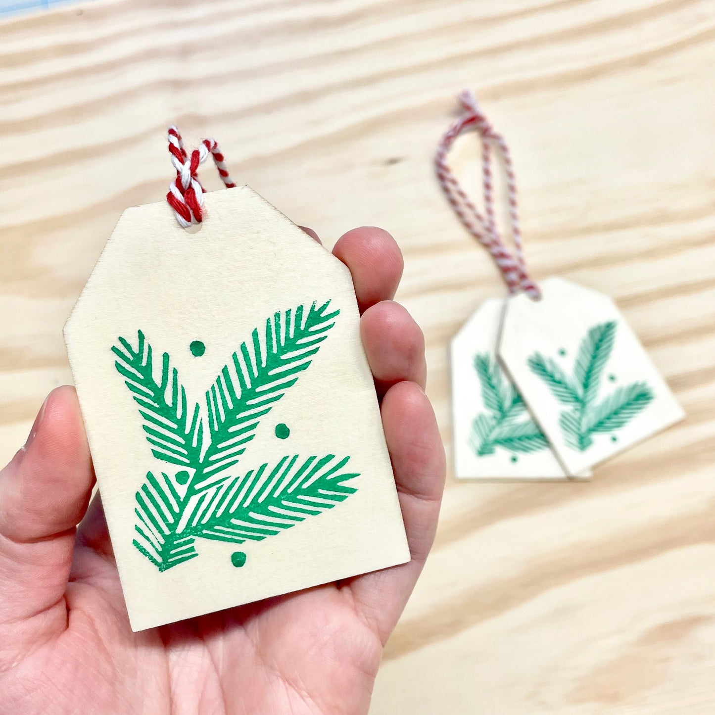 Pine Needles Gift Tags - Wood Ornaments - Green Set of 3