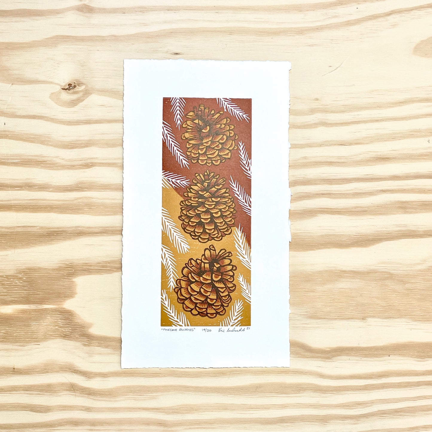 Pinecone Buddies - reduction woodblock print (6.5x12”)