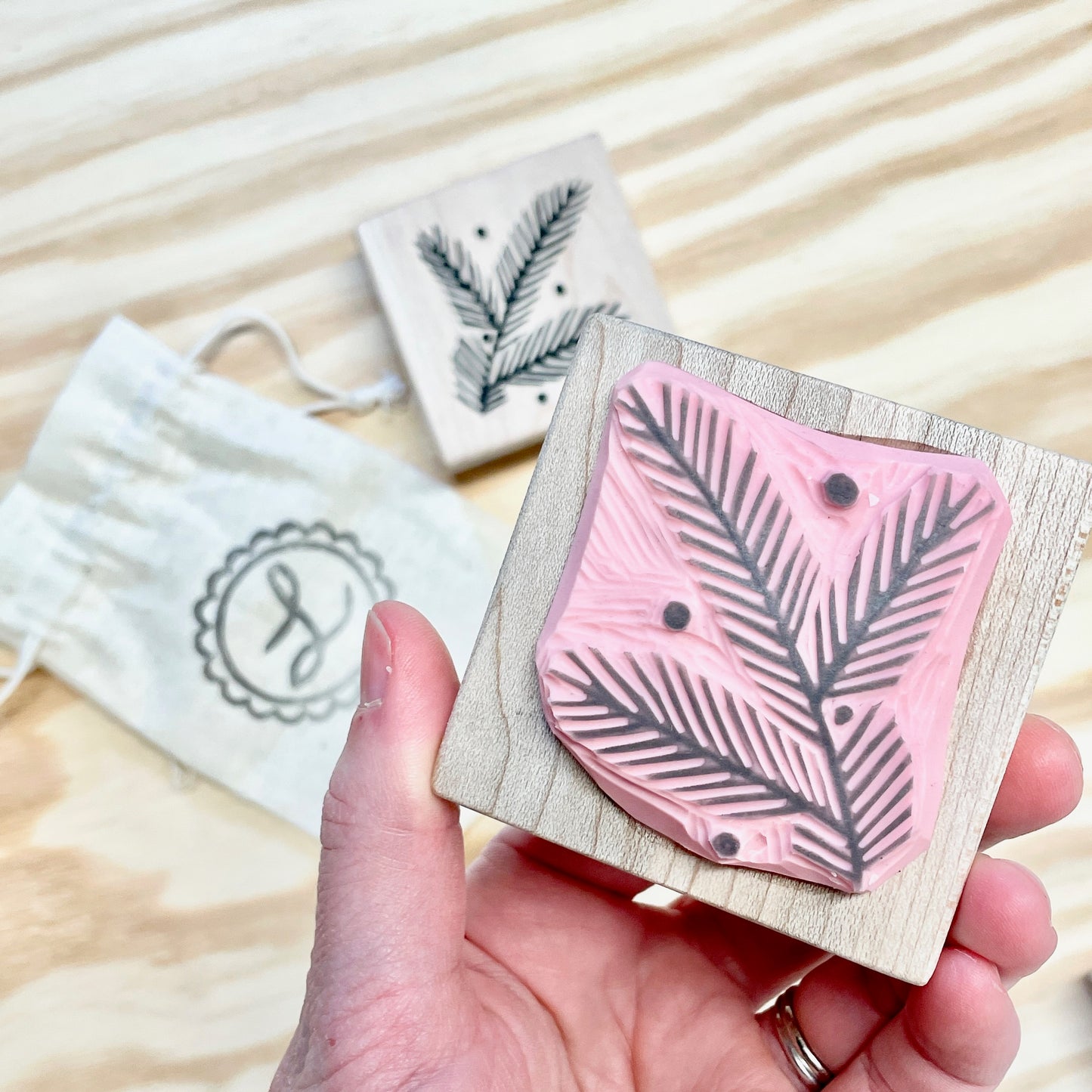 Pine Needles Stamp - Handcarved Rubber Stamp - Wood Mounted 2x2"