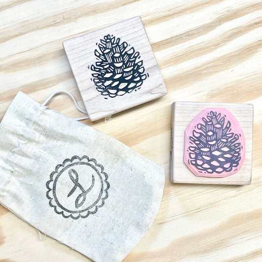 Pinecone Stamp - Handcarved Rubber Stamp - Wood Mounted 2x2"