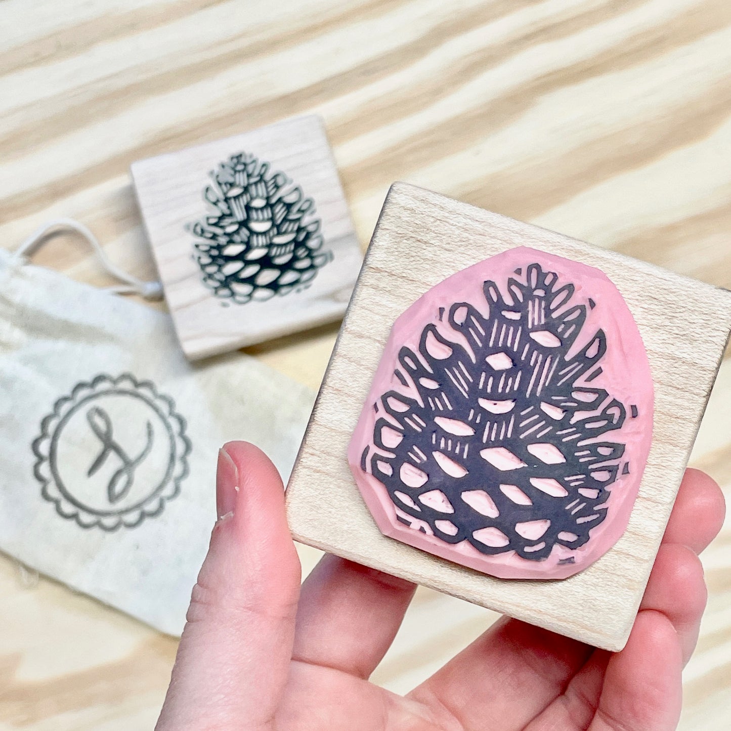 Pinecone Stamp - Handcarved Rubber Stamp - Wood Mounted 2x2"