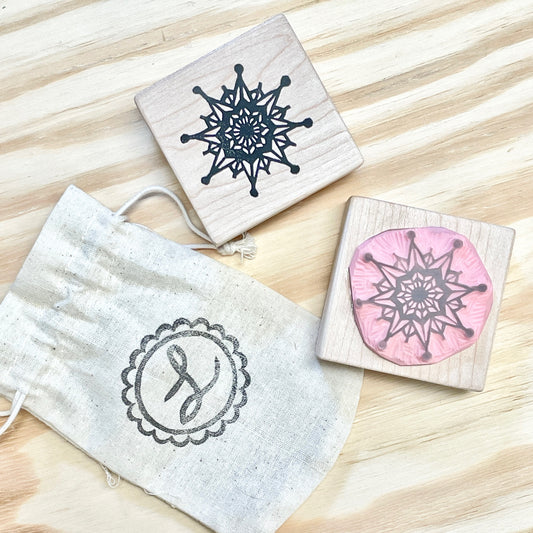 Snowflake Stamp - Handcarved Rubber Stamp - Wood Mounted 2x2"