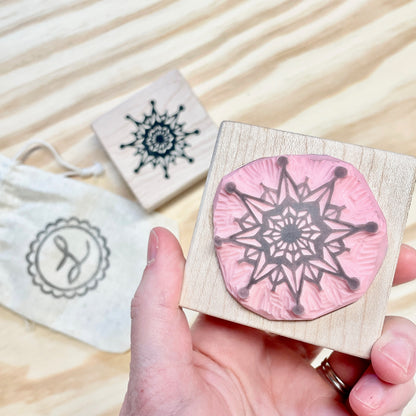 Snowflake Stamp - Handcarved Rubber Stamp - Wood Mounted 2x2"
