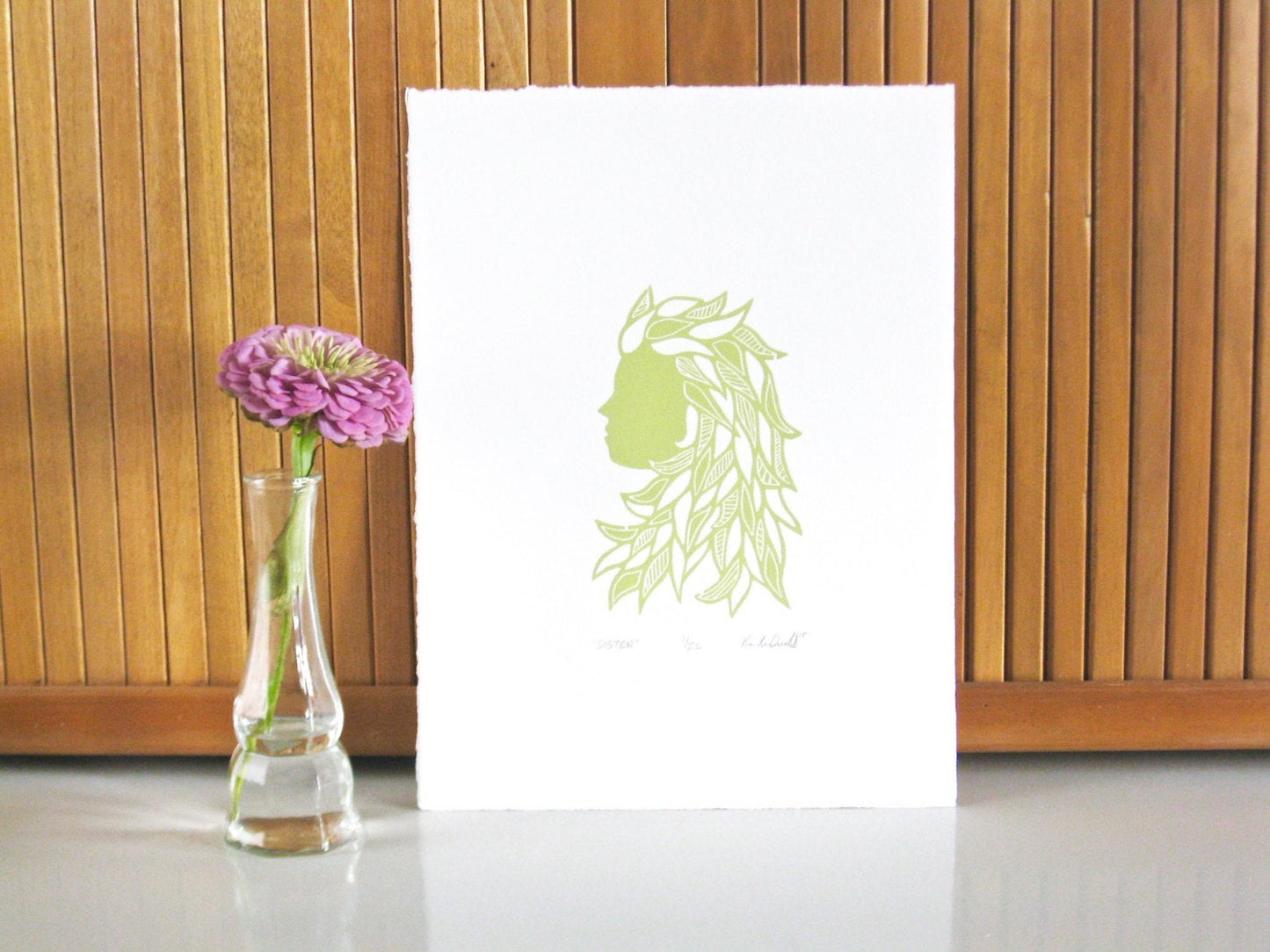 Sister in sprout green - woodblock print (9x12”)
