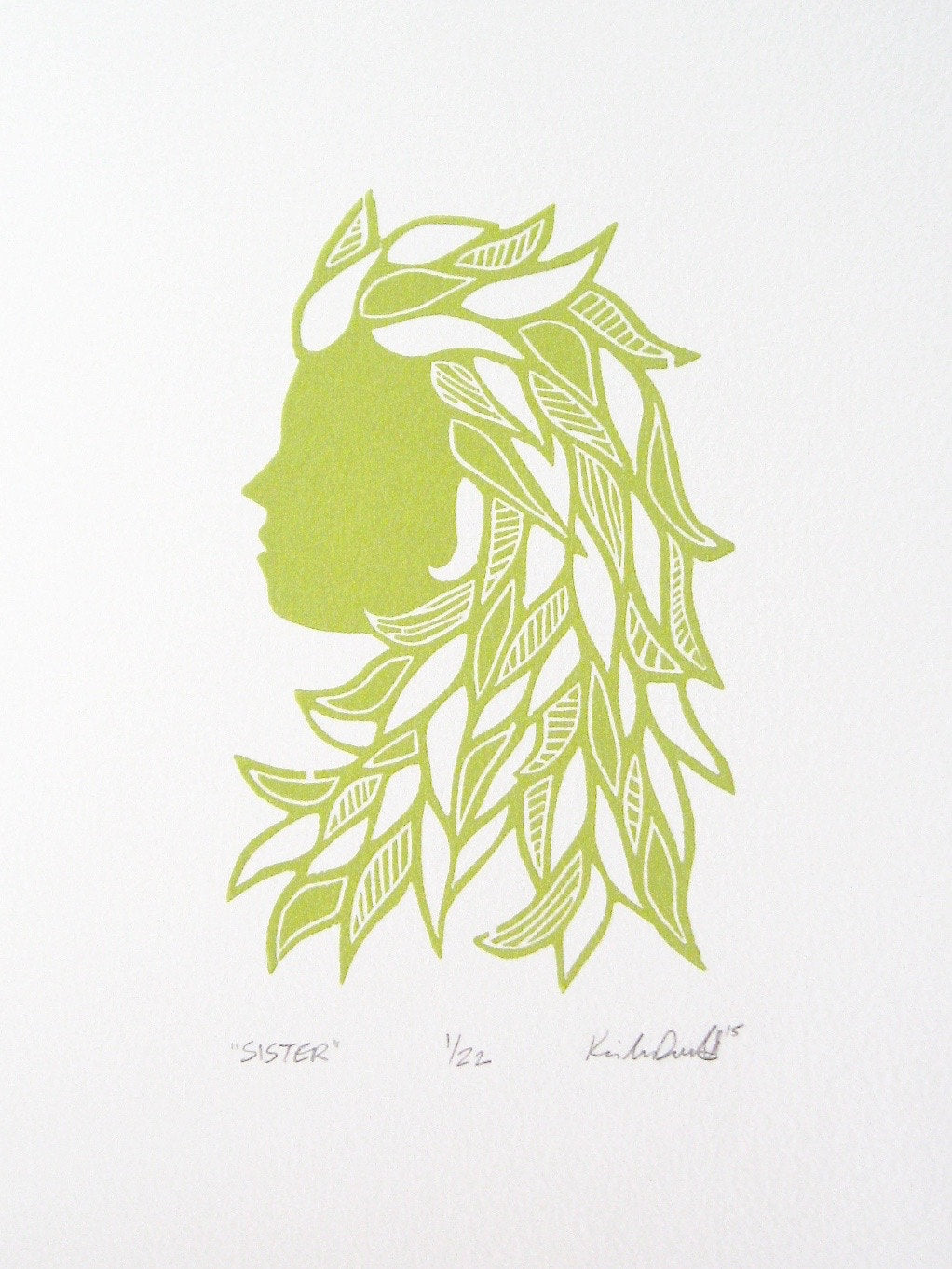 Sister in sprout green - woodblock print (9x12”)