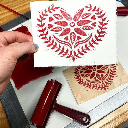 Swedish Red Heart single card - woodblock printed