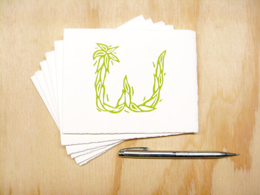 Letter W Monogram 6-pack cards Green - woodblock printed DISCONTINUED