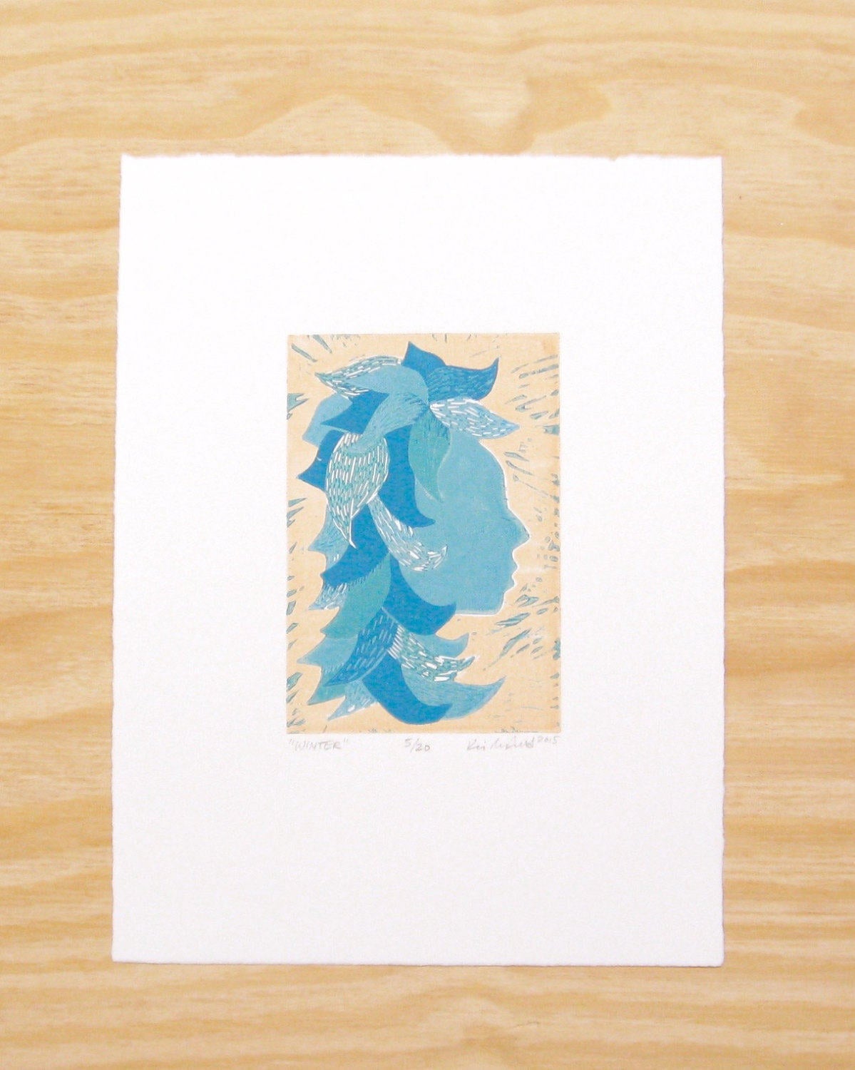 Winter woman- reduction woodblock print (9x12”)