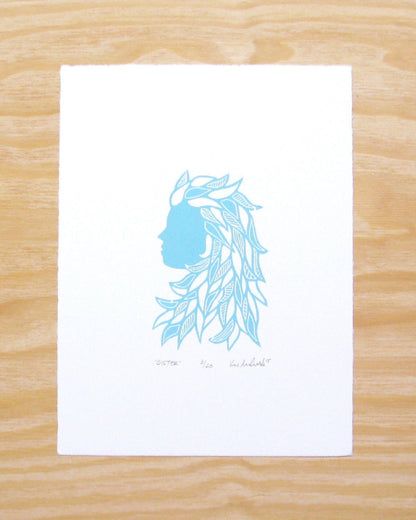 Sister in sky blue - woodblock print (9x12”)