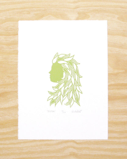 Sister in sprout green - woodblock print (9x12”)