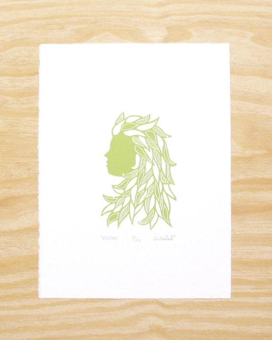 Sister in sprout green - woodblock print (9x12”)